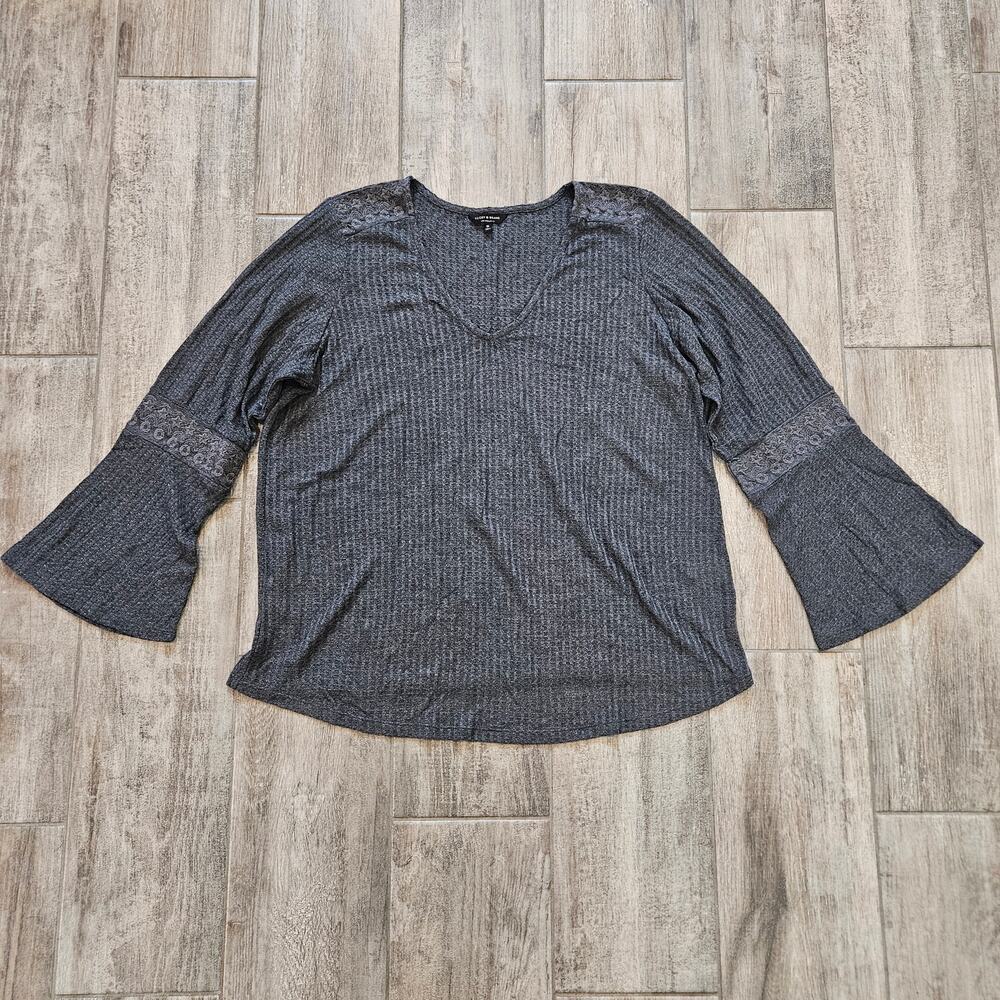 Lucky Brand Bell Sleeve Top Womens 1X Gray Boho Chic Casual Flowy‎ Soft Artsy